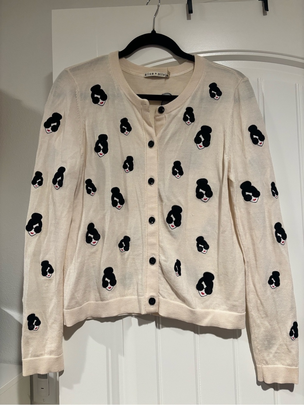 alice + olivia Cream Embroidered Stace Face-Pattern Wool Cardigan Sweater
